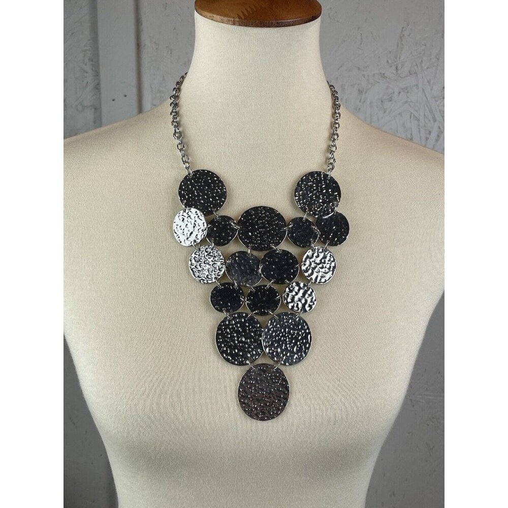 Large Statement Silver Tone Bib Necklace Hammered Metal Coins Circles Adjustable